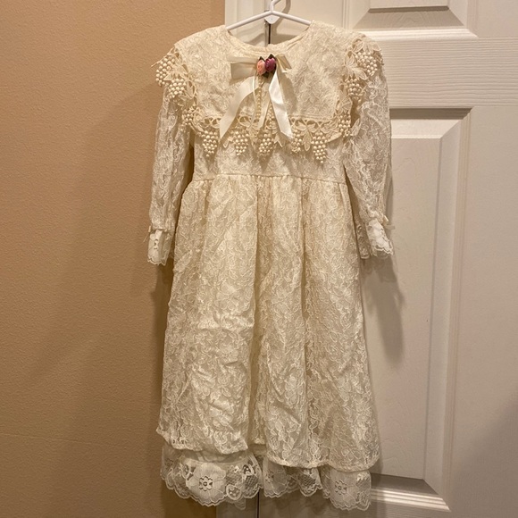 Best Kids long-sleeve lace bib-style dress w/ faux pearl, ribbon